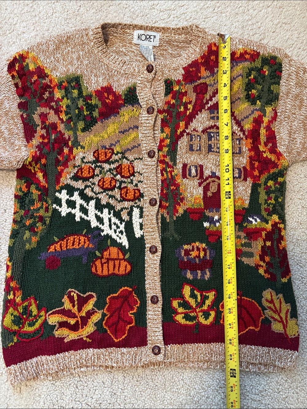 Koret Beige Cardigan with Autumn Cottage & Pumpkin Motif - Picture 9 of 10